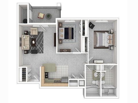 A floor plan of a small apartment with a kitchen, living room, and bathroom.